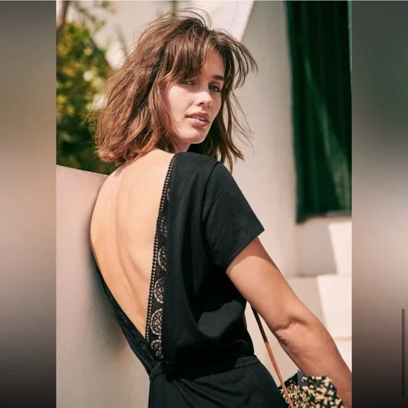 Sezane Lucille Dress Open Back Lace Black Midi Dress - Picture 9 of 16